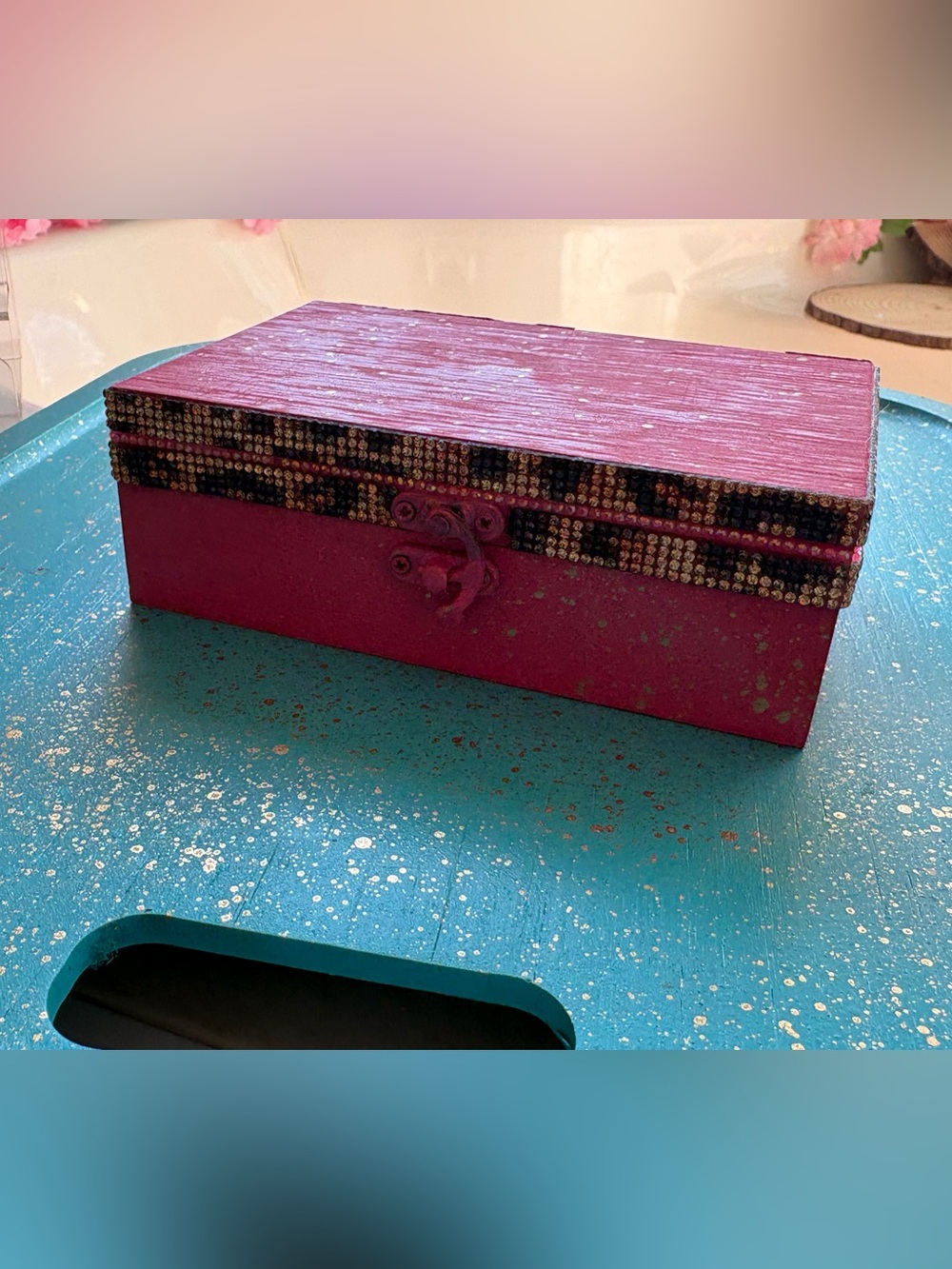 Pink hand made Decorative Jewelry/trinket Box with leopard print Rhinestone Trim